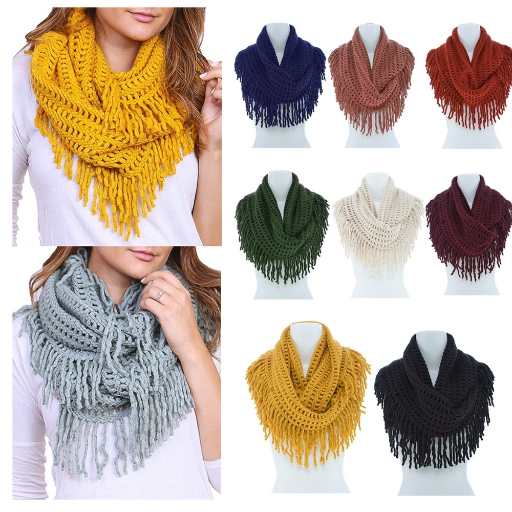 Winter Warm Knit Infinity Fringed Scarf